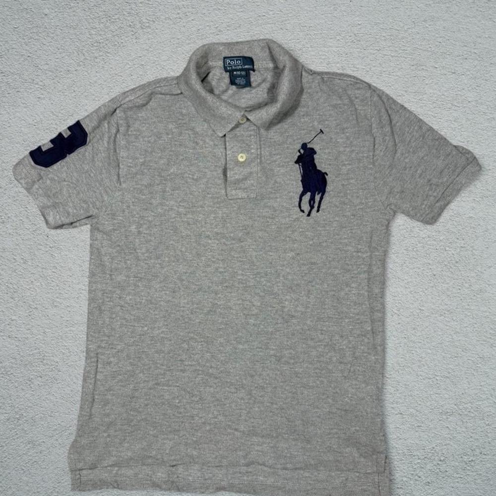 Polo Ralph Lauren Big Pony Grey Polo Shirt Navy Blue 3 Sleeve Men M 10-12